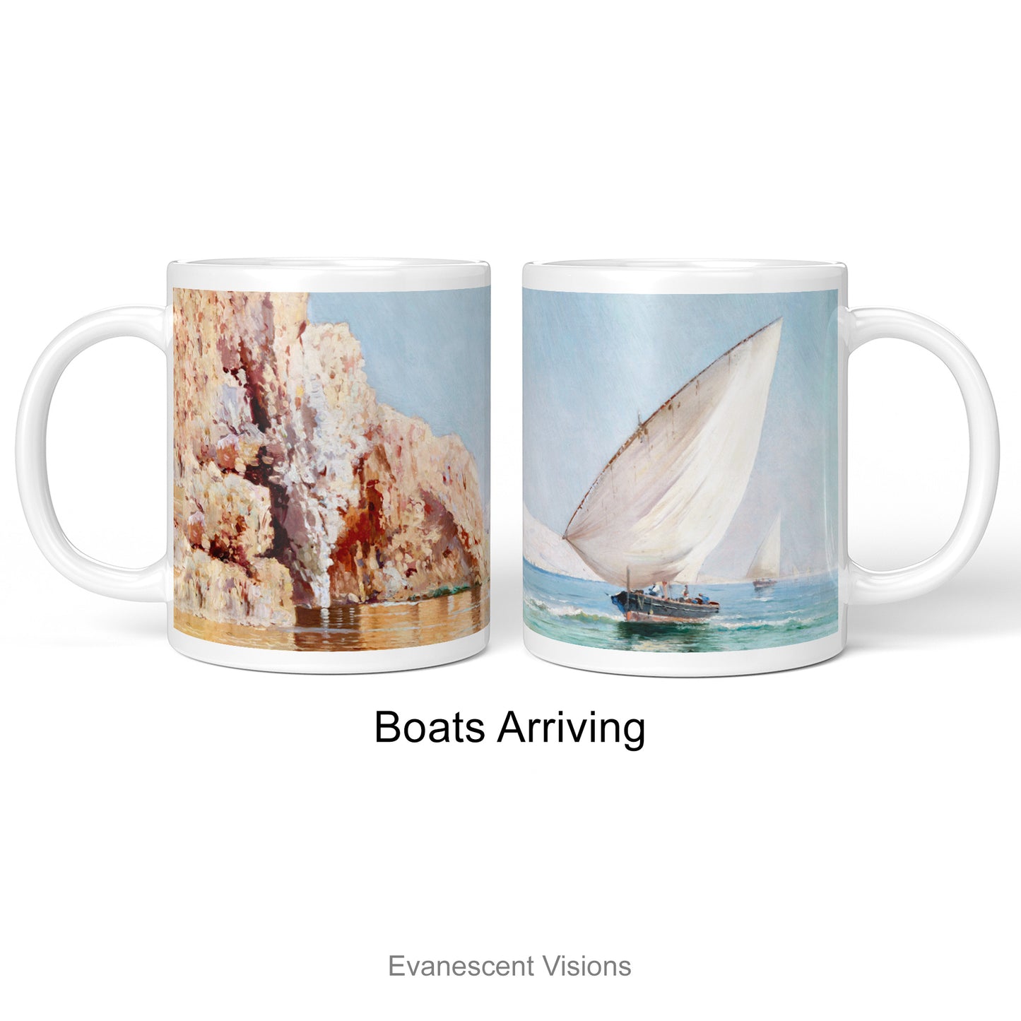 Nautical art mug with artwork Boats Arriving by Ricardo Verdugo Landi