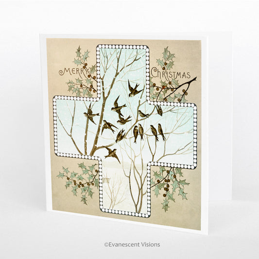 Vintage Design Cross and Holly Christmas Card, Personalised or Blank