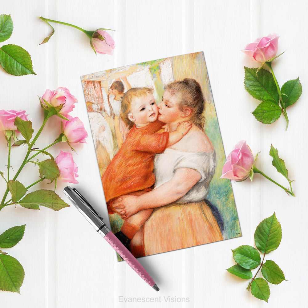 Renoir painting card The Laundress showing a mother kssing her child
