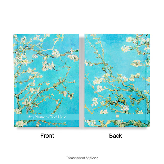 Front and back of A4 or A5 Hardback Notebook featuring Van Gogh's 'Almond Blossom' design and with personalisation option.