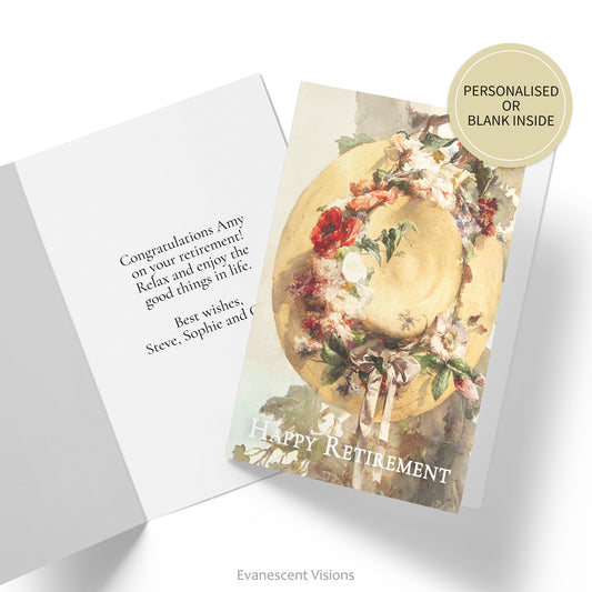 Happy Retirement card with design 'Straw Hat with Roses, Carnations, and Cornflowers' by artist Angelo Rossi  and inside of card with personalised greeting.