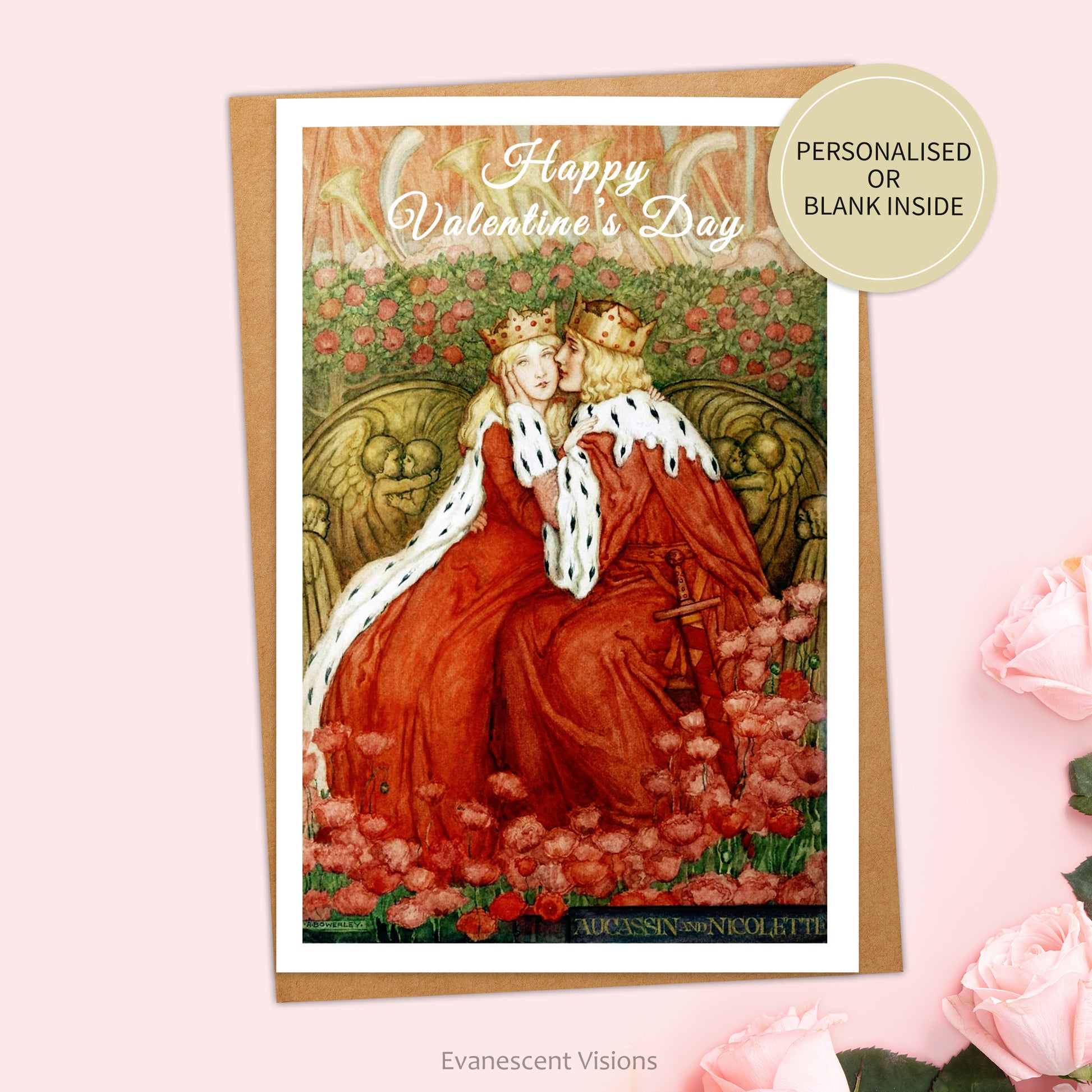 Personalised Valentine's card and envelope with the image of Aucassin and Nicolette on pink surface with roses