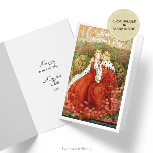 Valentine's card with the image of Aucassin and Nicolette by Amelia Bauerle. Also shown an example of a personalised inside greeting