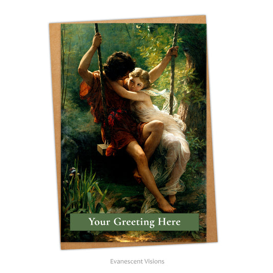 Personalised Love card with an image from the painting, 'Springtime,' by Pierre Auguste Cot. Happy Valentine's Day is printed on the front, behind the card is an envelope.