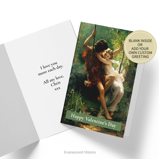 Valentine's card with image from painting 'Springtime' by Pierre-Auguste Cot. Inside of card with custom greeting shown.