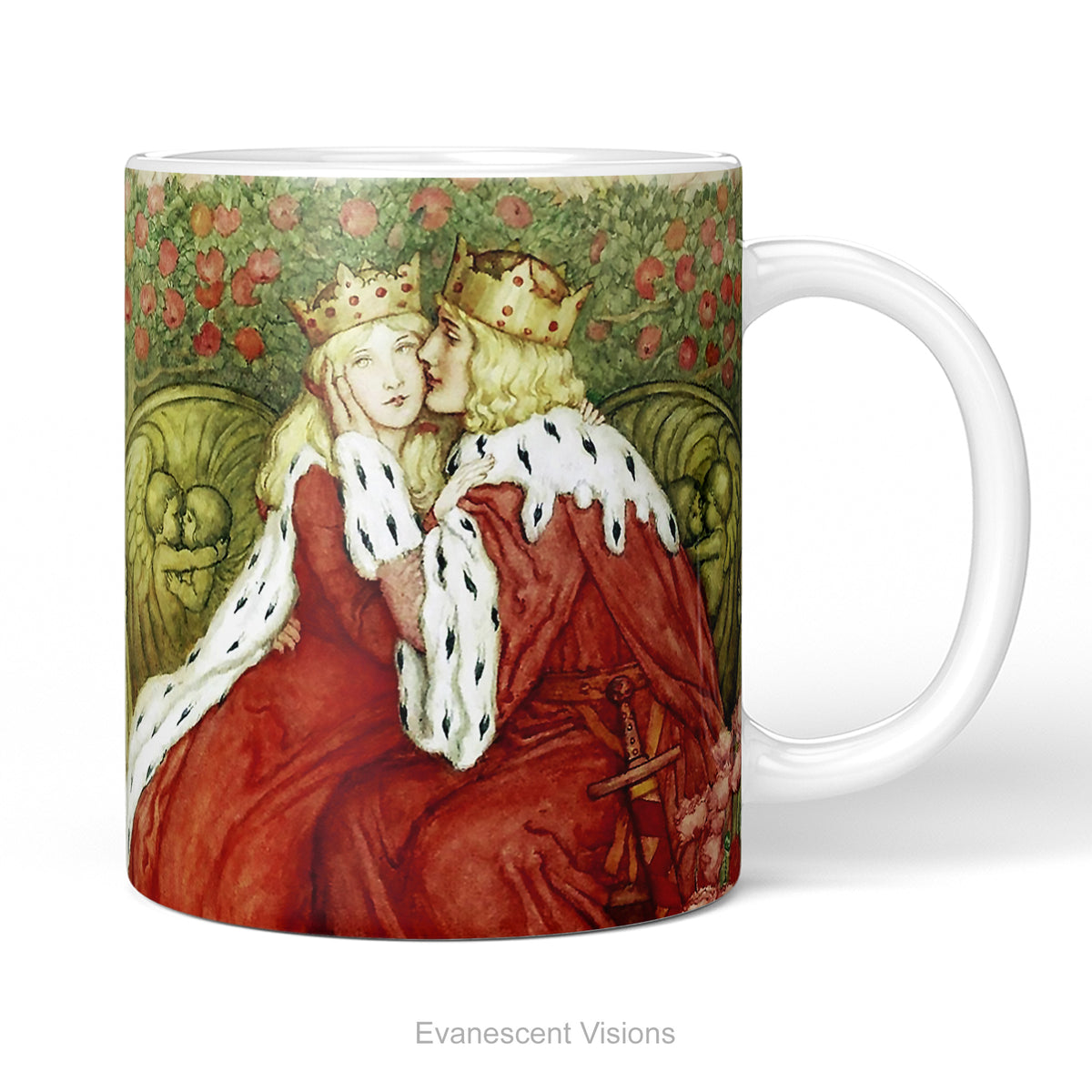 Ceramic mug with painting of medieval lovers Aucassin and Nicolette by Amelia Bauerle.