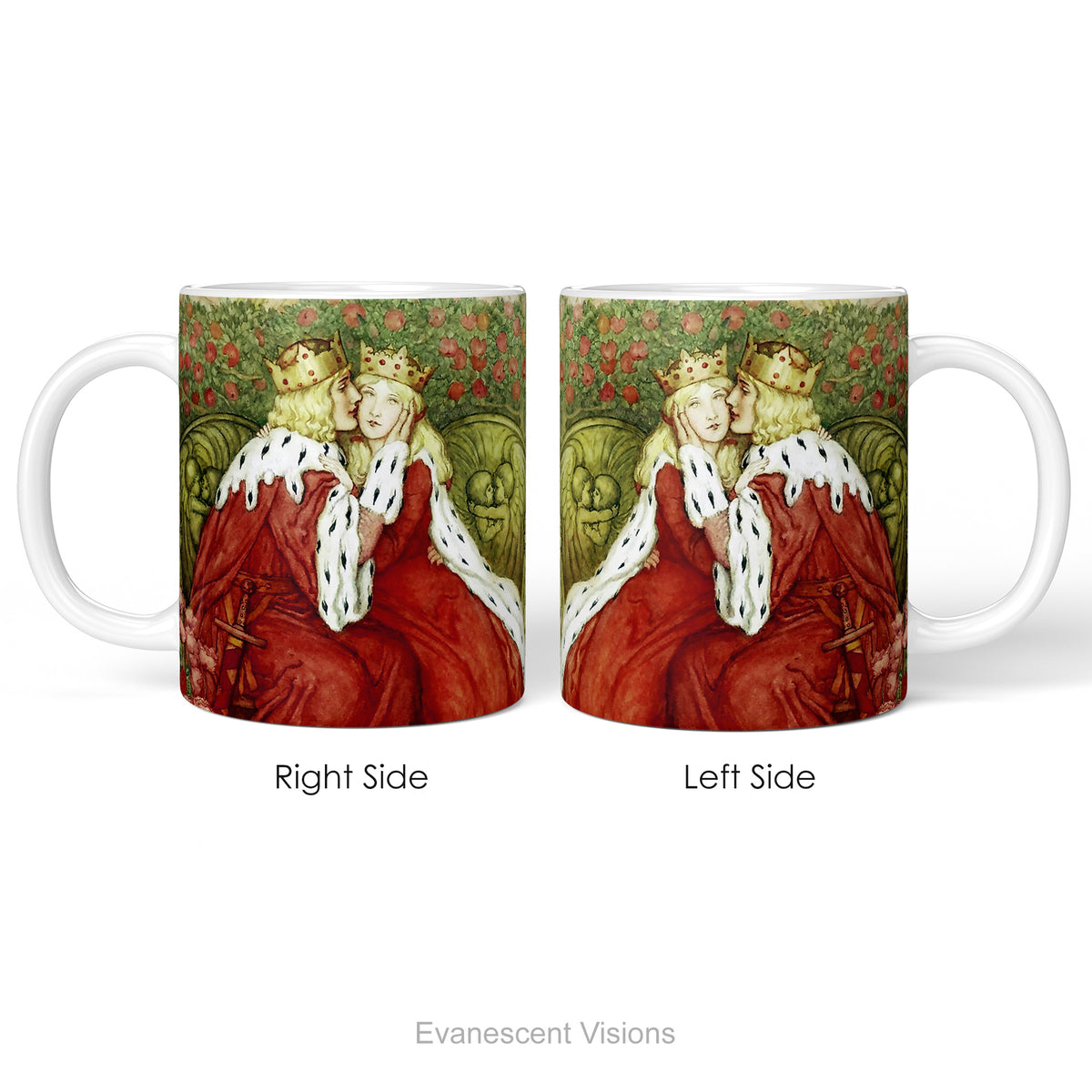 Left and right side views of the ceramic mug with painting of medieval lovers Aucassin and Nicolette, with mug dimensions