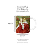 Ceramic mug with painting of medieval lovers Aucassin and Nicolette, with mug dimensions