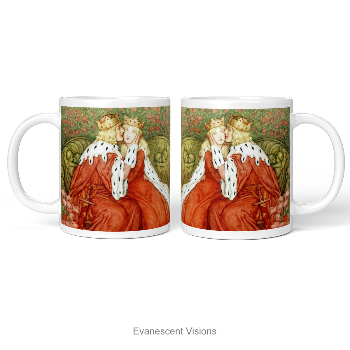 Both sides of Mug shown without personalisation. Design Aucassin and Nicolette by Amelia Bauerle