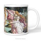 A white ceramic mug featuring a detailed print of a classical painting Birth of Venus by Sandro Botticelli, shown on a clean white background. 