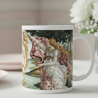 A white ceramic mug featuring a detailed print of a classical painting Birth of Venus by Sandro Botticelli,  set on a light tabletop with a blurred background and white flowers.
