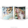 Left and right side views of white ceramic mug featuring a detailed print of a classical painting Birth of Venus by Sandro Botticelli, shown on a clean white background. 