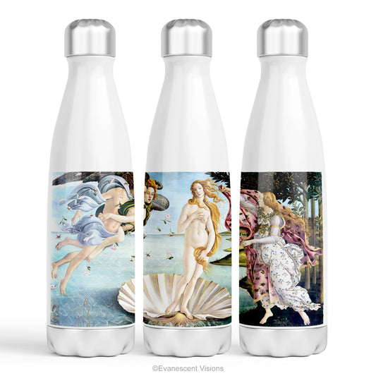 Front, left and right view of the Birth of Venus Stainless Steel Water Bottle, Thermos, 500ml