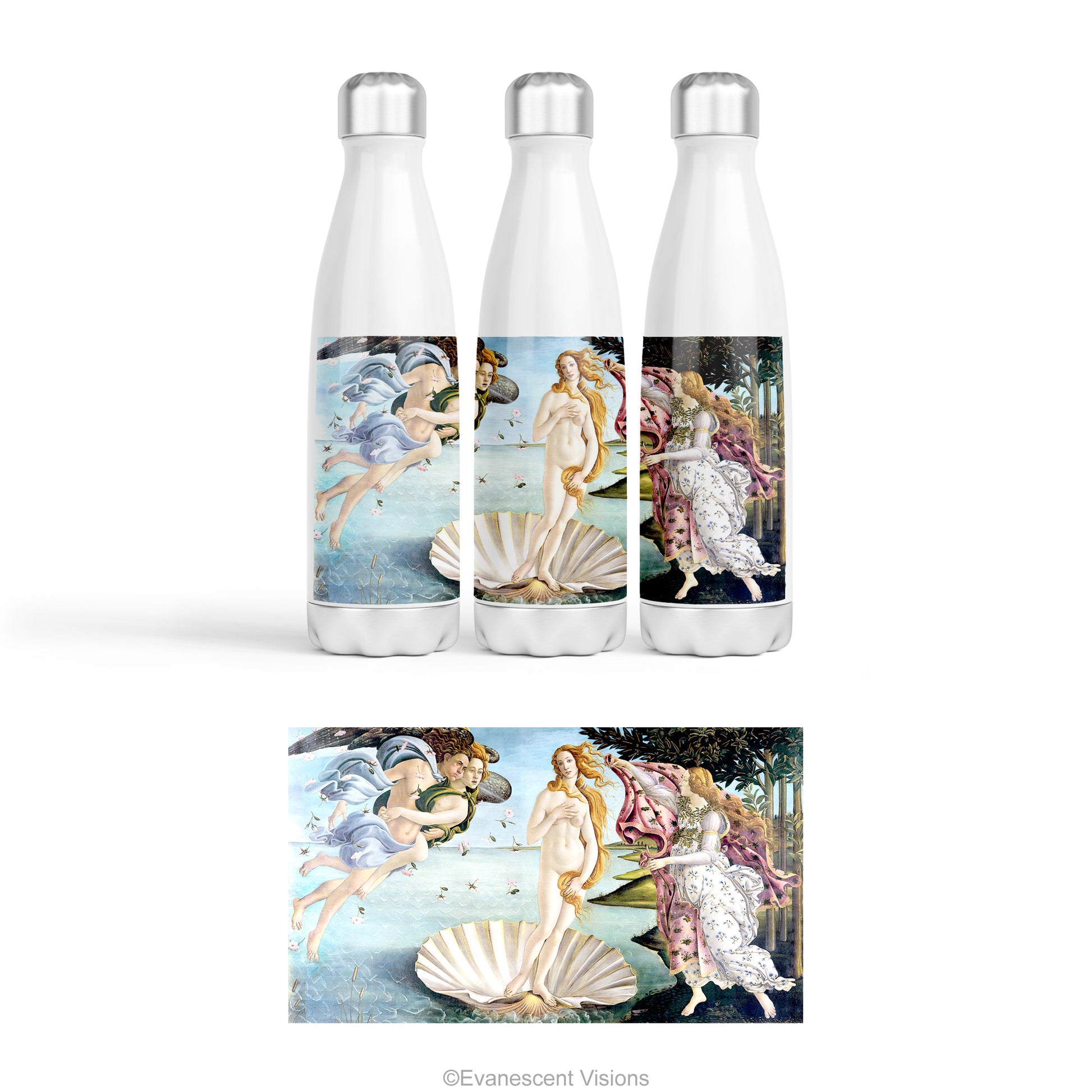 Front, right and left views of the Birth of Venus Stainless Steel Water Bottle, Thermos with full design image shown below