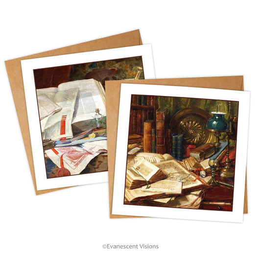 Two square cards with envelopes, with designs from Victorian paintings with images of books.