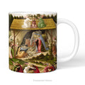 A white ceramic mug with a print of the nativity scene painting 'Mystic Nativity' by Sandro Botticelli, shown on a plain white background. 