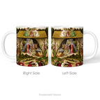 Left and right side views of aceramic mug with a print of the nativity scene painting 'Mystic Nativity' by Sandro Botticelli.