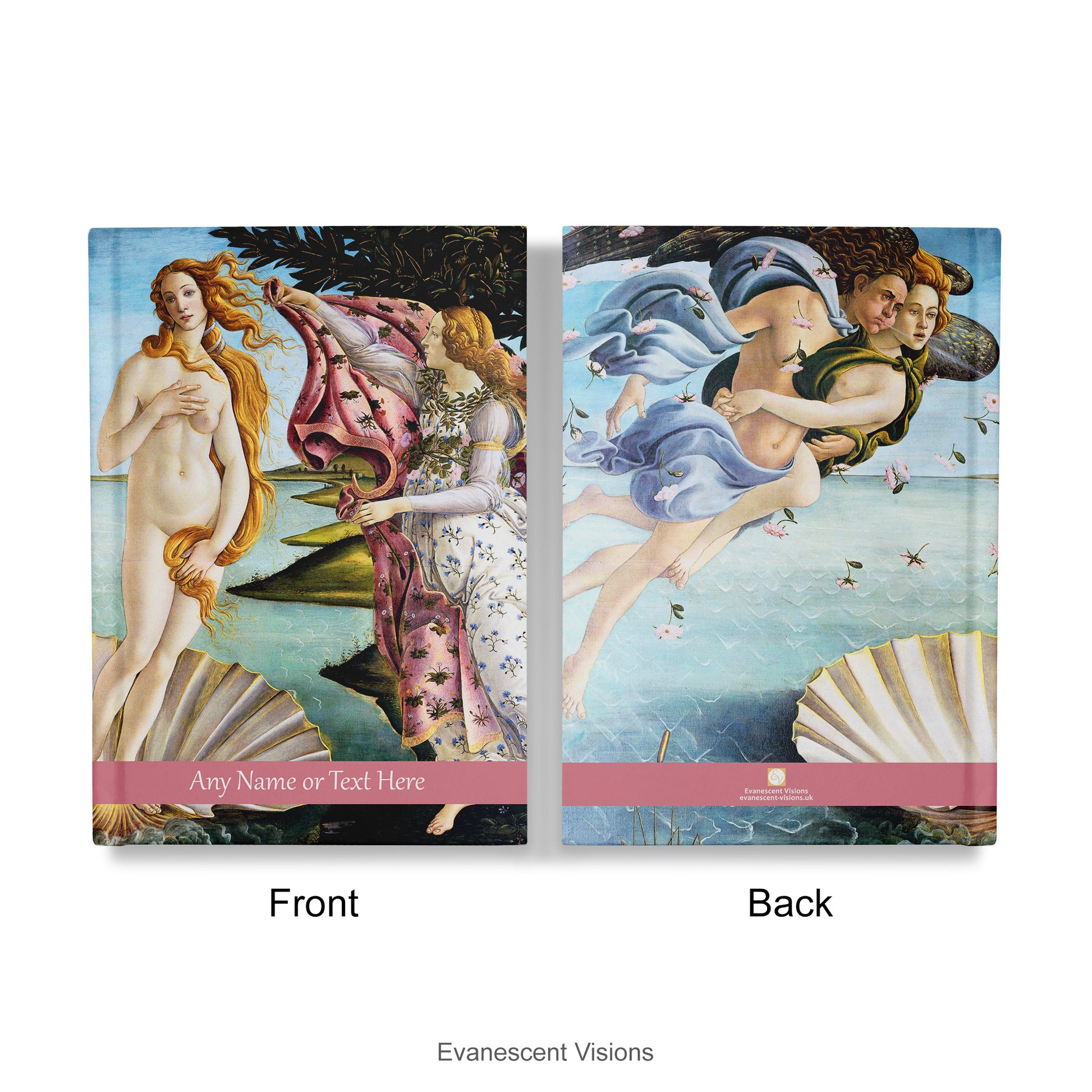 Front and back of A4/A5 personalised notebook with image of Botticelli's 'Birth of Venus'