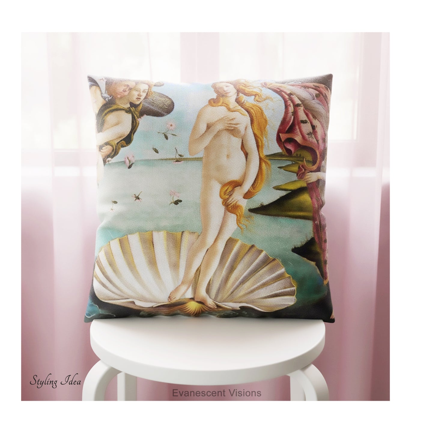 A square cushion  featuring a classical art print of 'The Birth of Venus' by Sandro Botticelli, shown on a white stool against a pink sheer curtained window. 