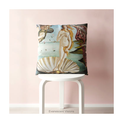 A square cushion  featuring a classical art print of 'The Birth of Venus' by Sandro Botticelli, shown on a white stool against a pink wall. 