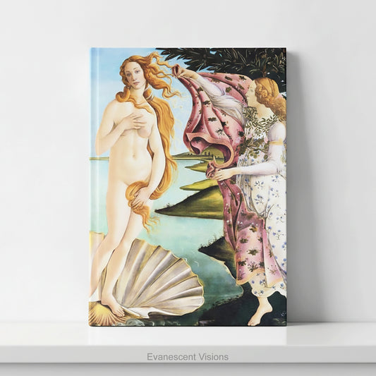 A hardcover featuring Sandro Botticelli's classic painting 'The Birth of Venus' displayed standing upright on a white shelf against a light gray wall. 