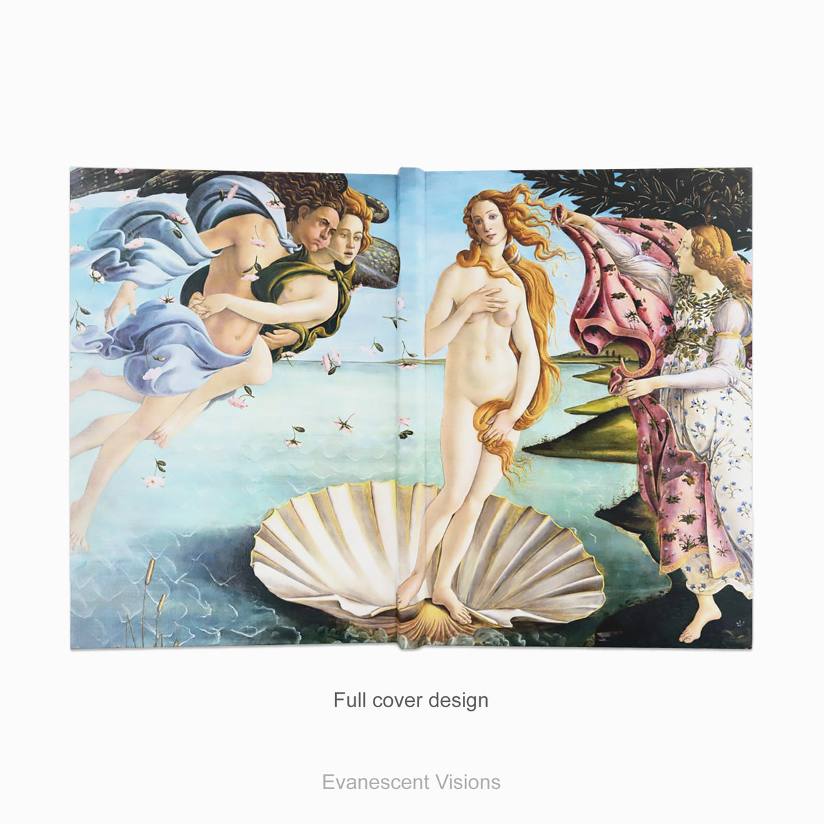 Full front and back cover view of ahardcover featuring Sandro Botticelli's classic painting 'The Birth of Venus' displayed against a white background.