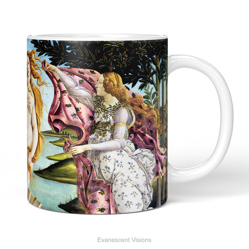 A ceramic mug featuring a print of Botticelli's painting 'The Birth of Venus', shown on a white background.