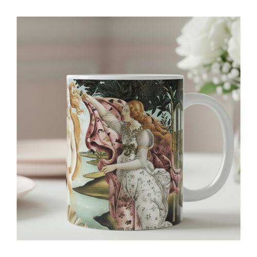 A ceramic mug featuring a print of Botticelli's painting 'The Birth of Venus',  on a table.
