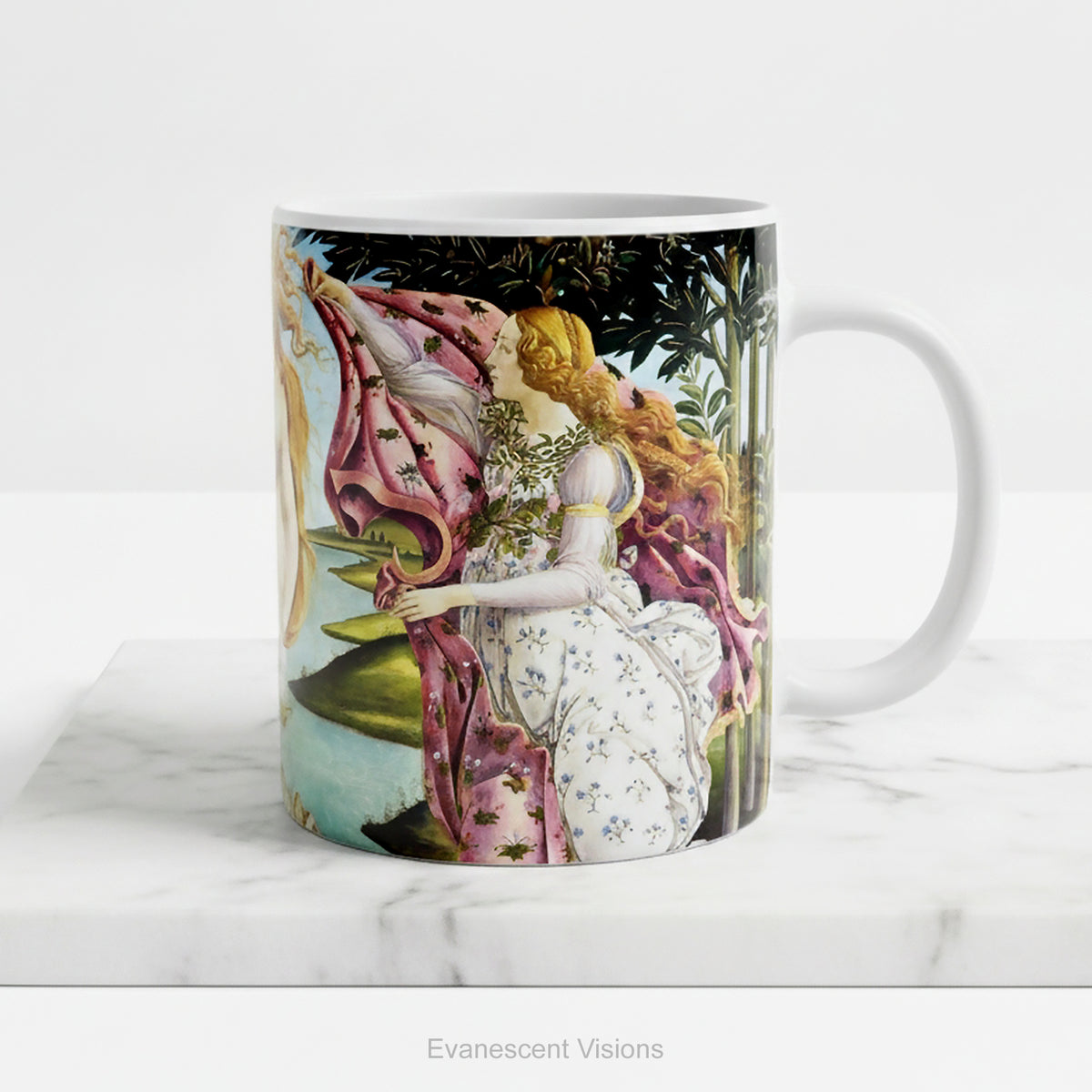 A ceramic mug featuring a print of Botticelli's painting 'The Birth of Venus', shown on a white background.