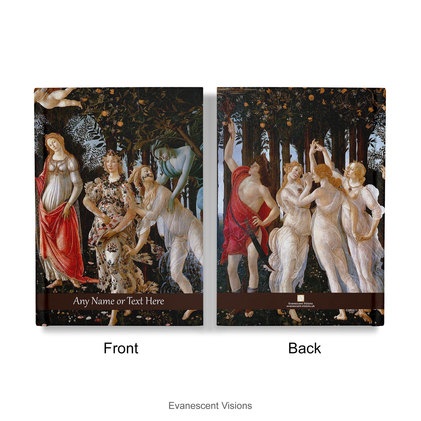 Front and back views of the Personalised Notebook, Hardback decorated with Botticelli's artwork  Primavera