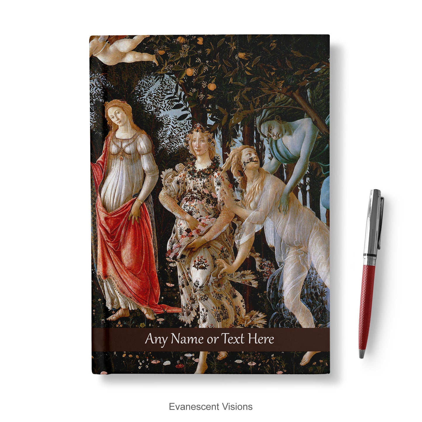 Personalised Notebook, Hardback decorated with Botticelli's artwork Primavera