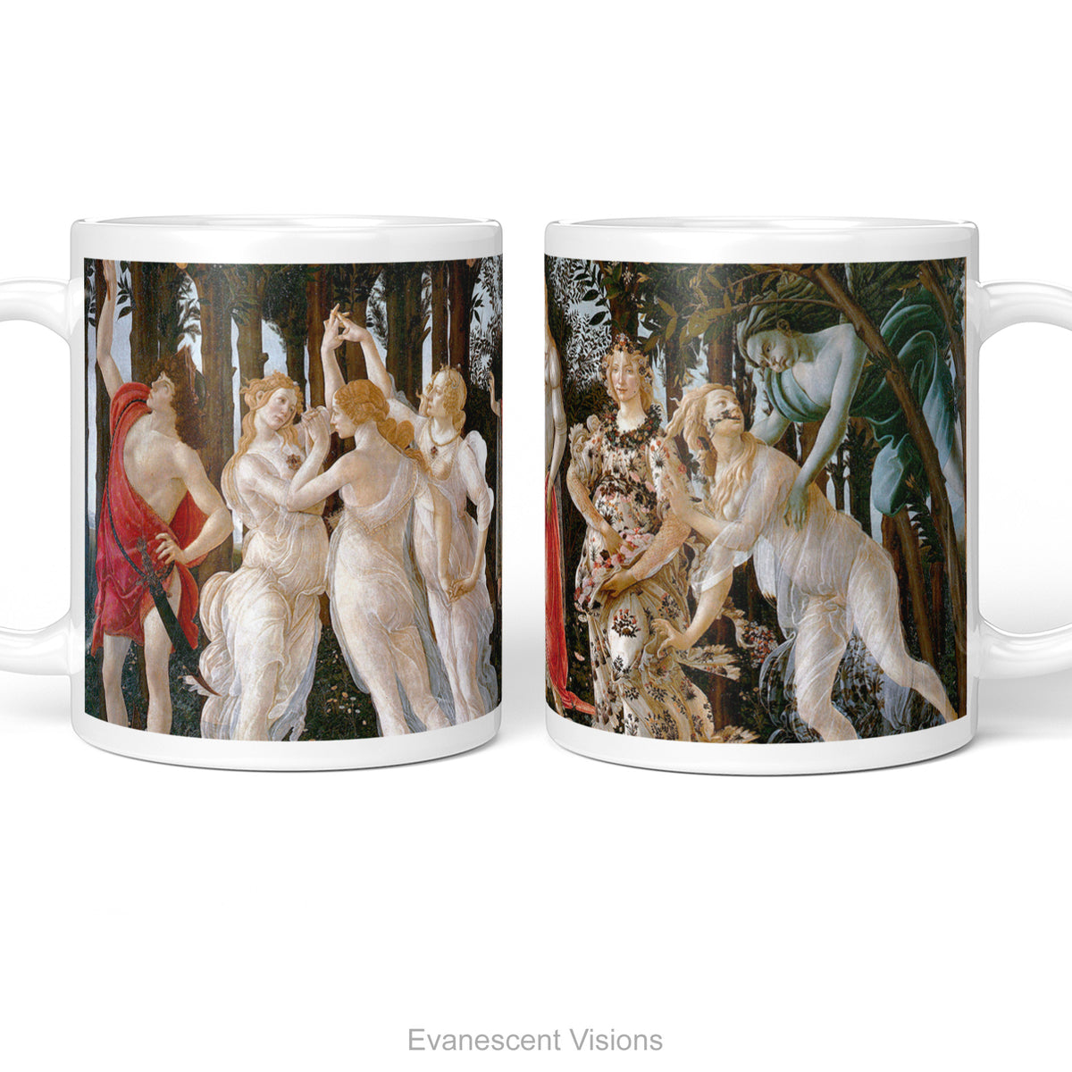 Left and right side views of a white ceramic mug featuring classical painting print of figures from classic mythology titled 'Primavera' by Sandro Botticelli,  shown on a clean white background.