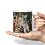 A hand holding  white ceramic mug featuring classical painting 'Primavera' by Sandro Botticelli,  shown on a clean white background.