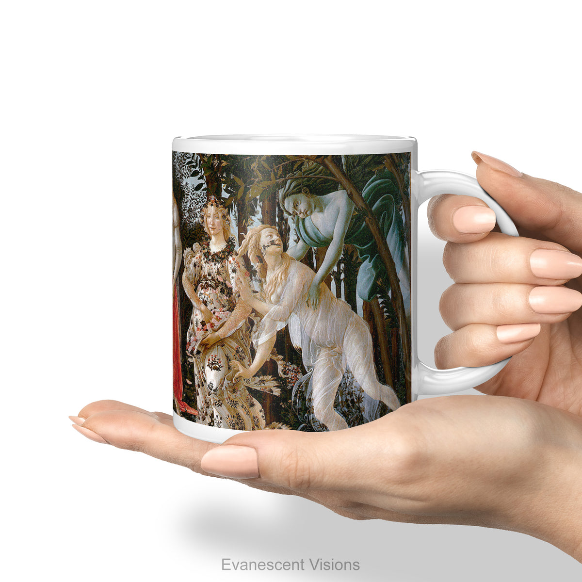A hand holding  white ceramic mug featuring classical painting 'Primavera' by Sandro Botticelli,  shown on a clean white background.