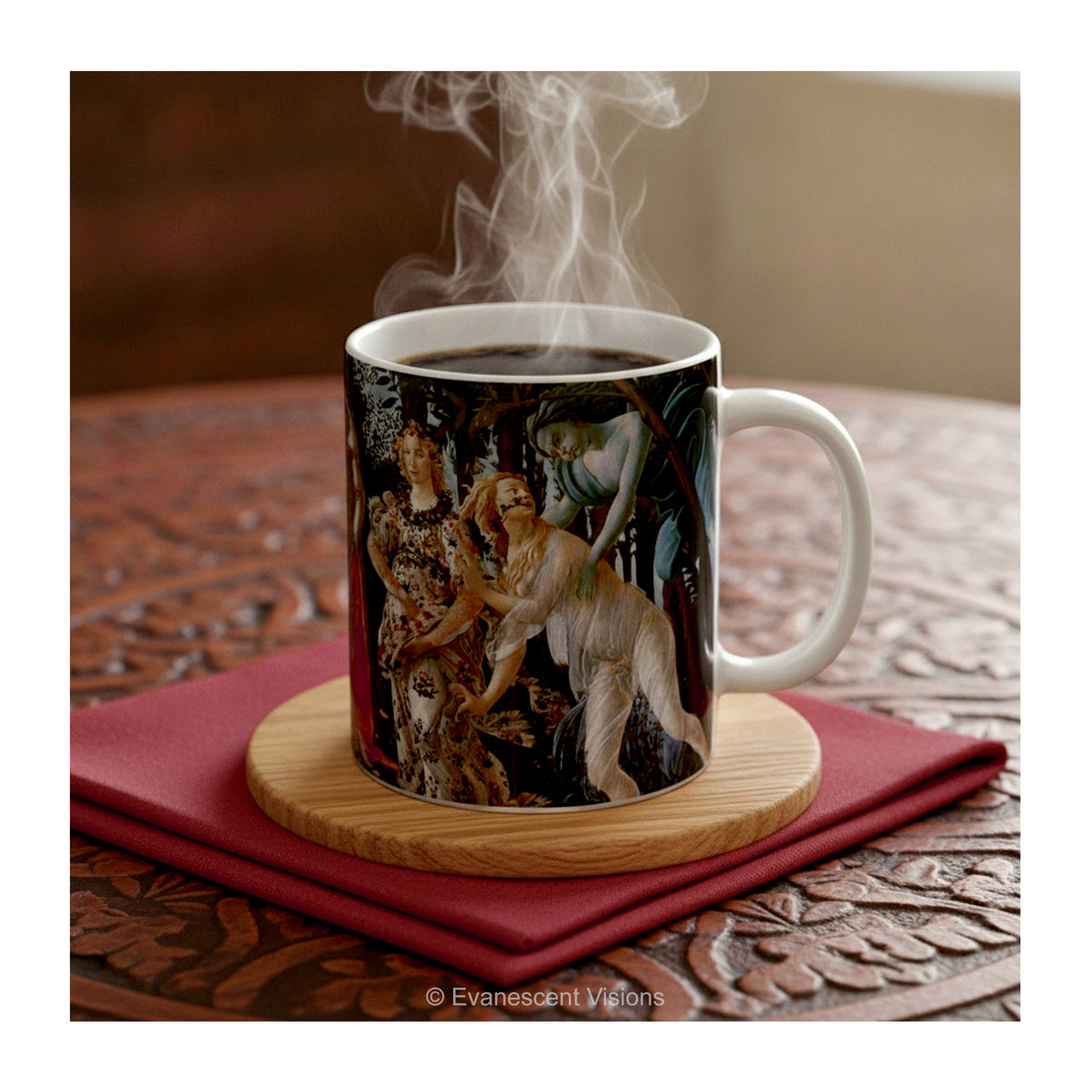 Primavera ceramic mug on a wood coaster and napkin. 