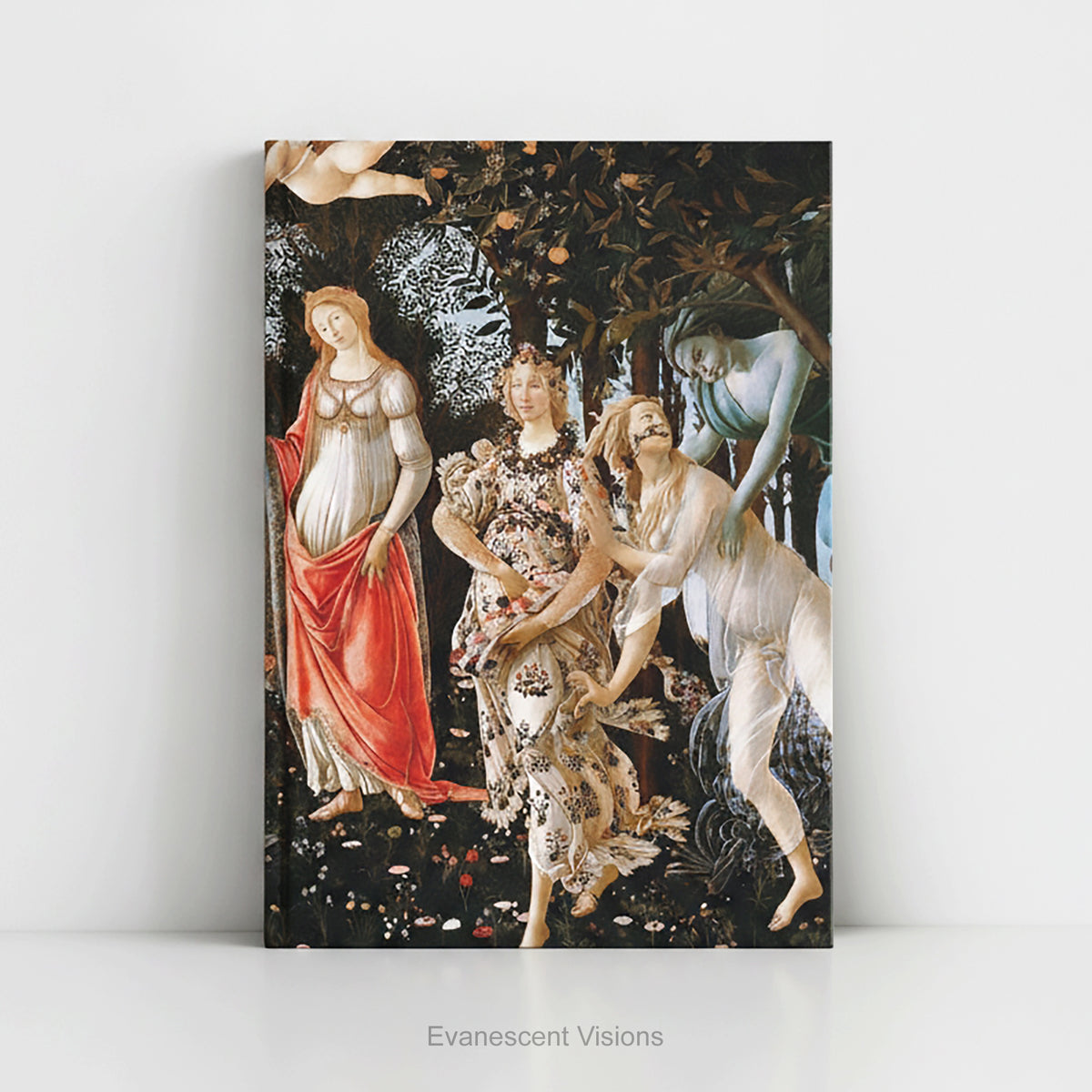 A hardcover notebook featuring the classical painting titled 'Primavera' by Sandro Boticelli. The artwork has a dark background with figures in white, red, and floral patterns.