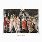 Full cover front and back view of ahardcover notebook featuring the classical painting titled 'Primavera' by Sandro Boticelli. The artwork has a dark background with figures in white, red, and floral patterns.