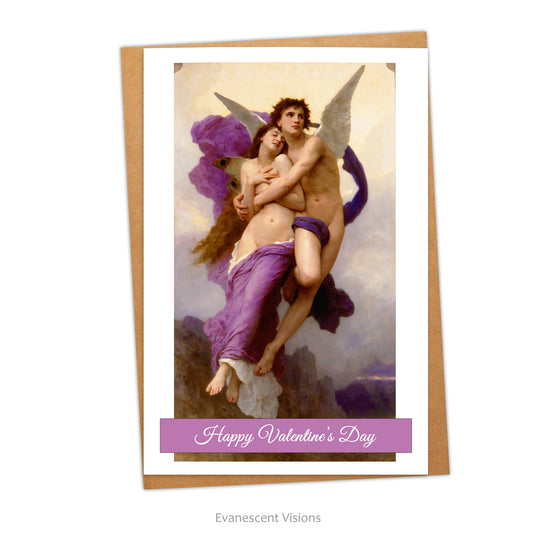 personalised Valentine's Day card with the Rapture of Psyche by William-Adolphe Bouguereau. Envelope shown under card