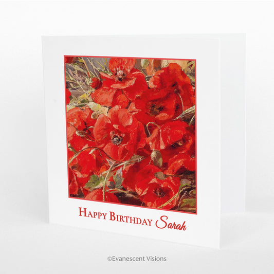 Red Poppies Personalised Name Birthday Card standing on a white surface.