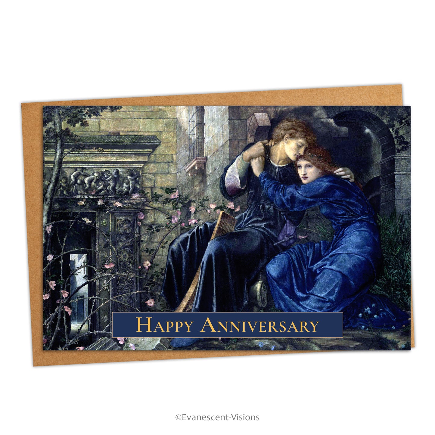 Card and envelope. Card has 'Love among the Ruins' by Edward Burne-Jones and 'Happy Anniversary' on front