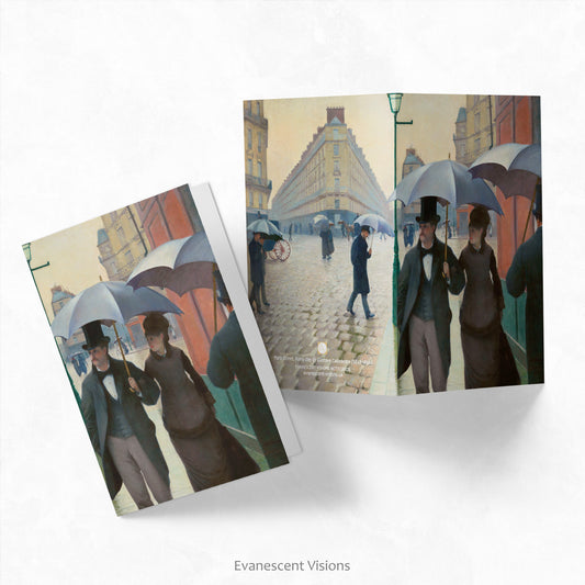 Front and back views of the Gustave Caillebotte Paris Street in Rainy Weather Art Notecard or Notelet