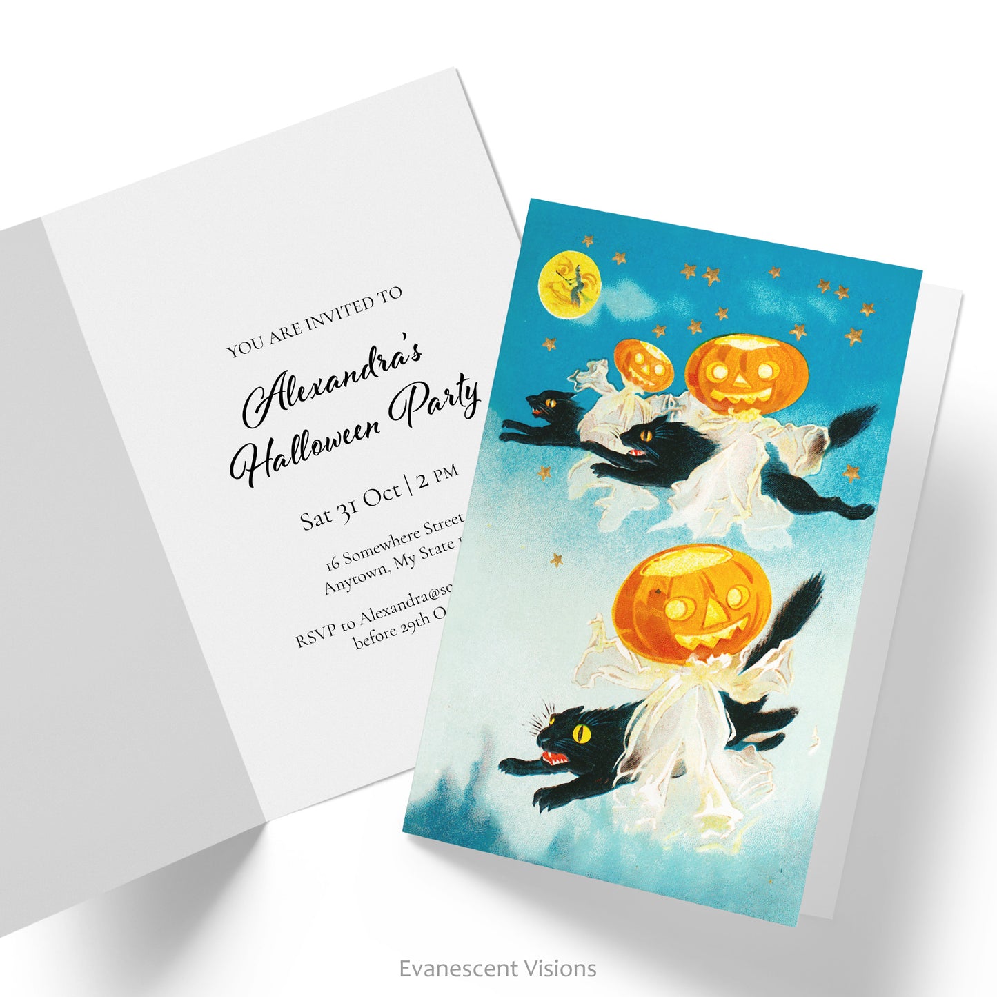 Inside and front view of the Vintage Cats with Pumpkins Design Custom  Halloween Invitation Card