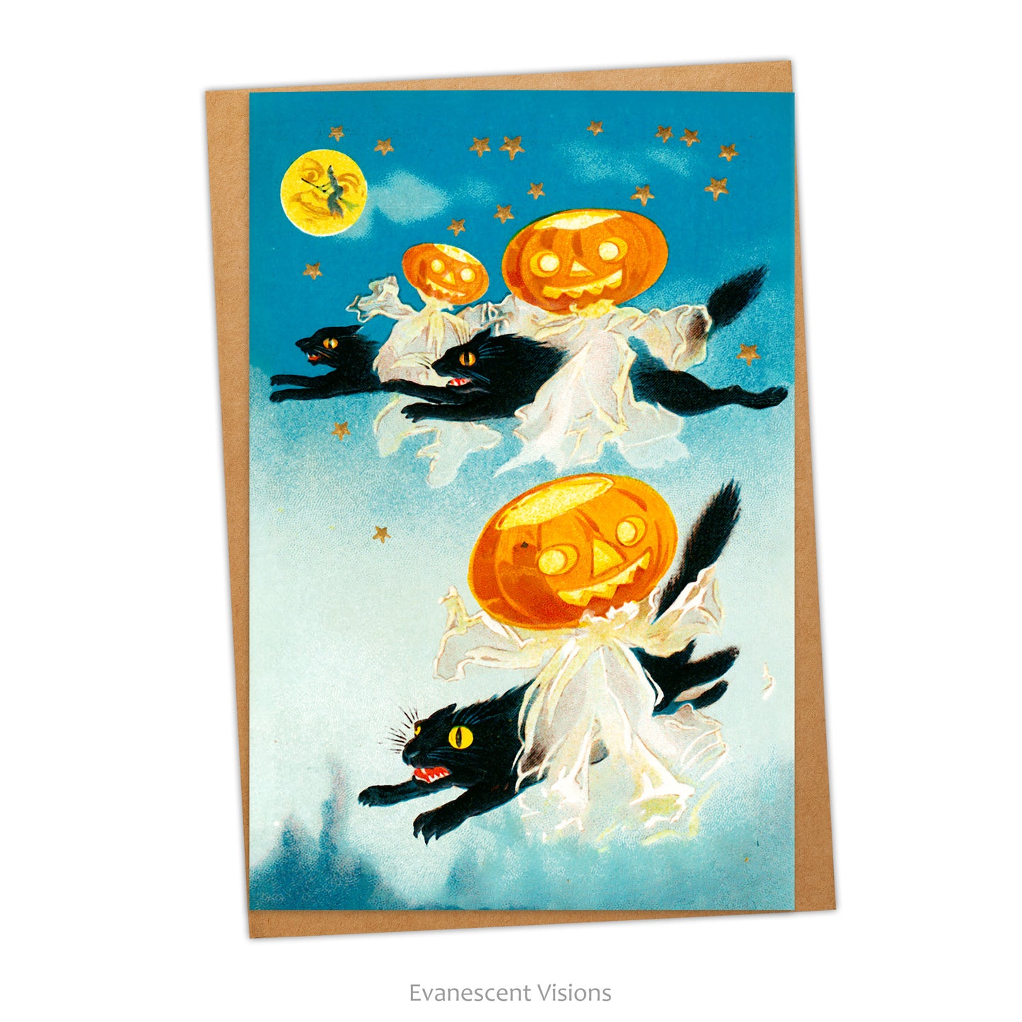 Card and envelope. Card shows vintage image with black cats, jack o' lanterns and moon with witch on broomstick.