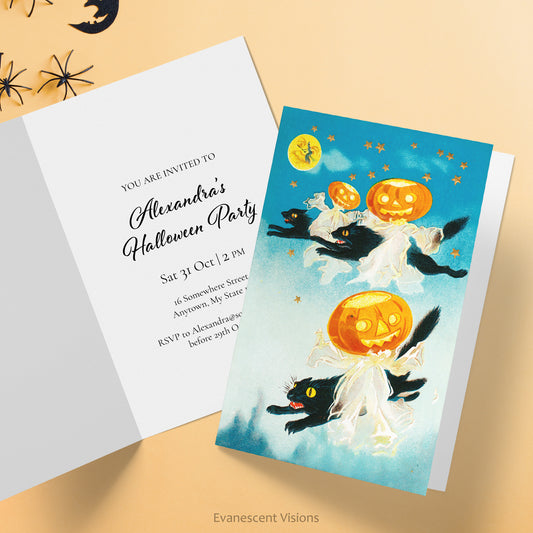 Inside and front view of the Vintage Cats with Pumpkins Design Custom  Halloween Invitation Card against and orange coloured background.