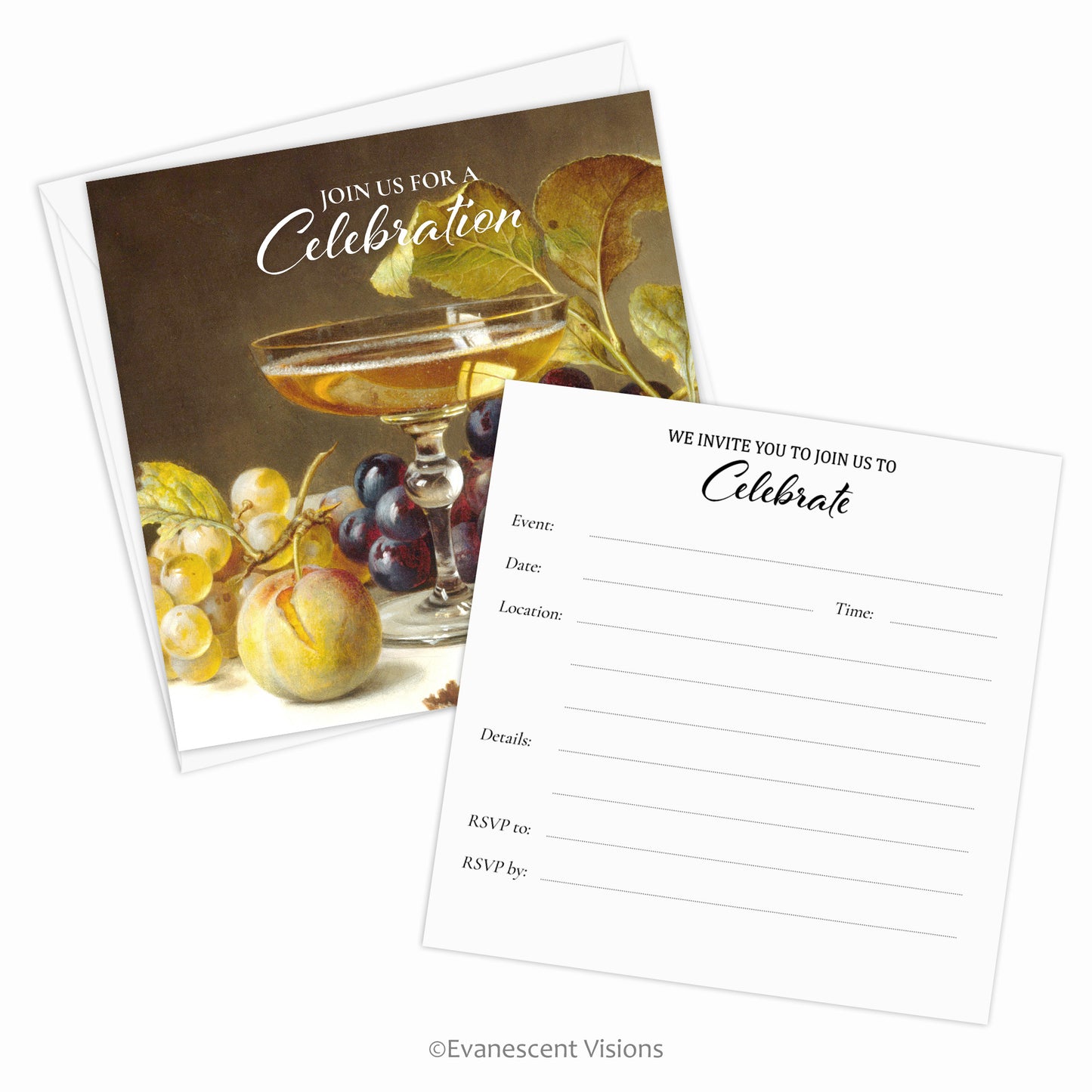 Front and back view of Champagne painting Artistic Invitation, Blank Fill In Celebration Invite