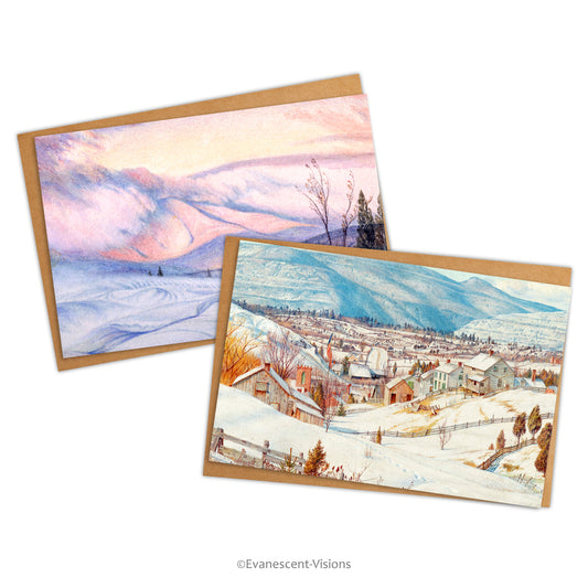 Two cards and envelopes with snowy landscape images from the art of Charles Herbert Moore