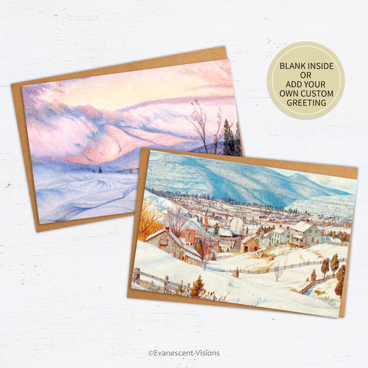 Two cards and envelopes with snowy landscape images from the art of Charles Herbert Moore and a sticker informing that the cards may be ordered blank inside or with custom greeting