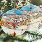 Ceramic Christmas Ornaments with Snowy Winter Landscape painting 'High Peak and Round Top (Catskill) in Winter' by artist Charles Herbert Moore 
