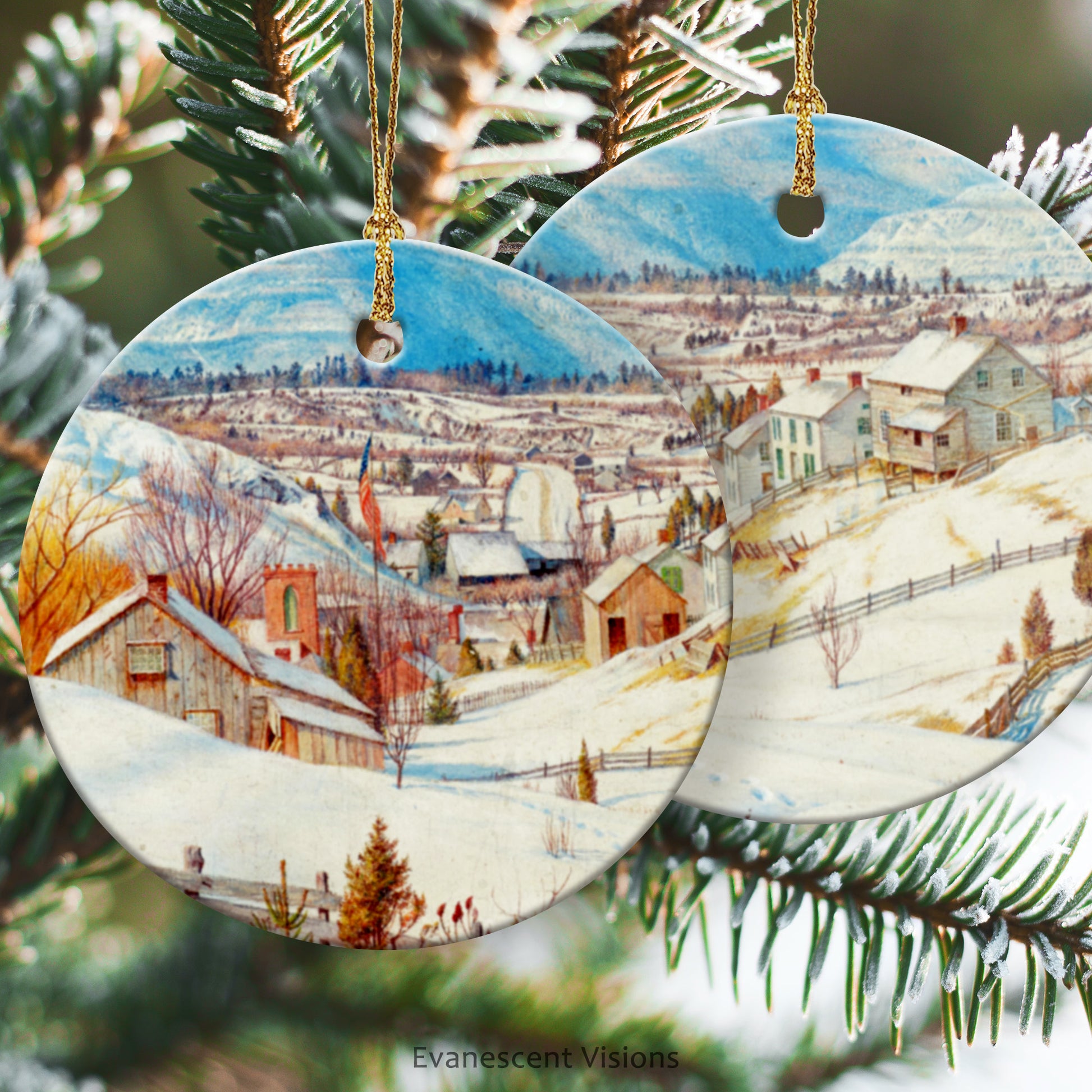 Ceramic Christmas Ornaments with Snowy Winter Landscape painting 'High Peak and Round Top (Catskill) in Winter' by artist Charles Herbert Moore 