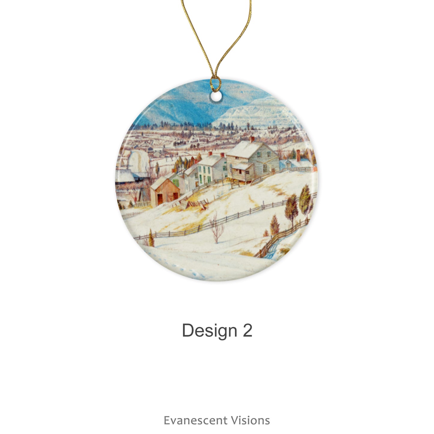 Design option 2 for the Ceramic Christmas Ornaments with Snowy Winter Landscape painting 'High Peak and Round Top (Catskill) in Winter' by artist Charles Herbert Moore 